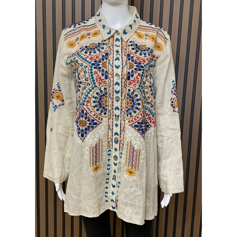 John Mark Women's XL 100% Linen Embroidered Button Shirt Long Sleeve Tunic Boho